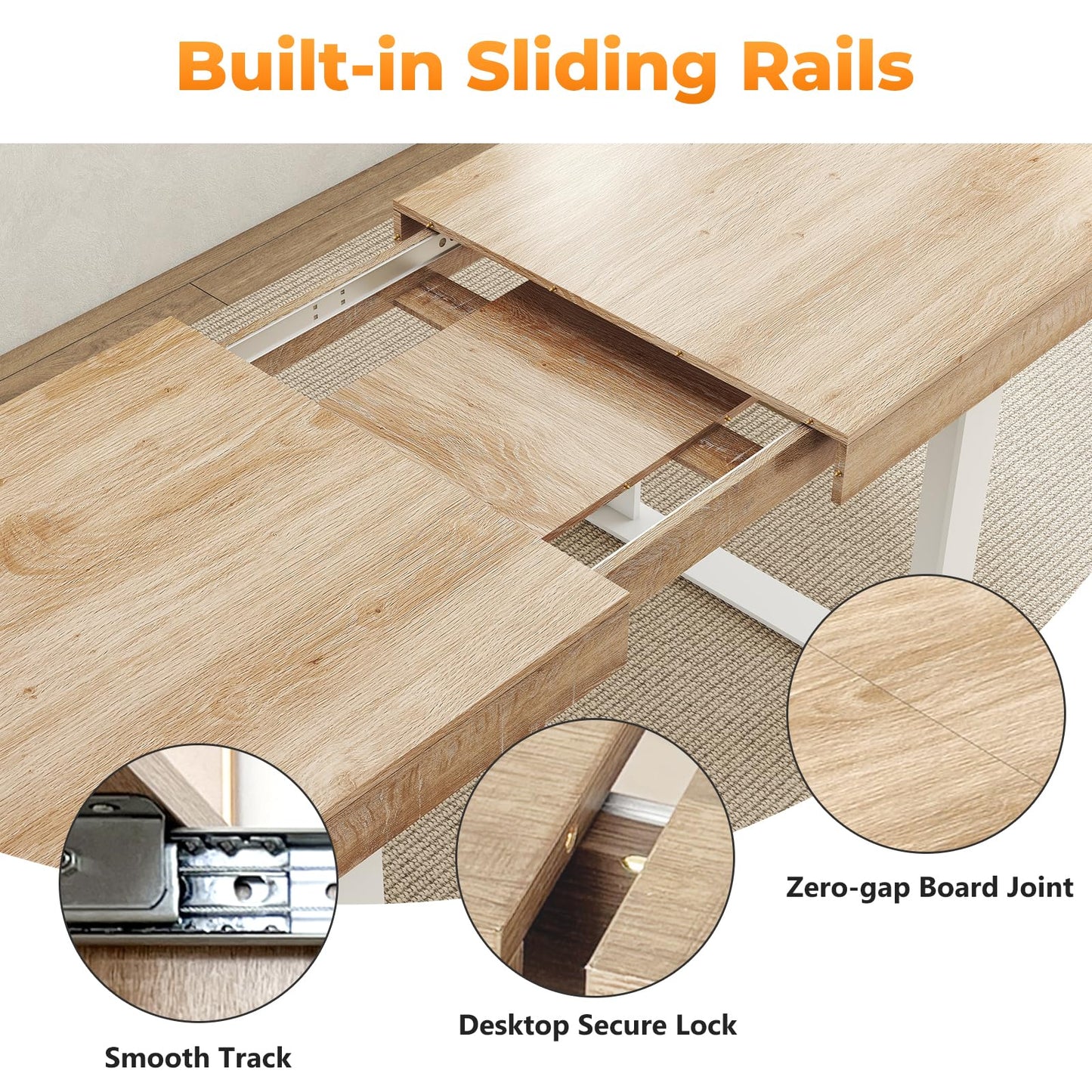Zevemomo 63"-78.7" Expandable Dining Table, 6-10 Extendable Dining Table, Rectangle Conference Table, Farmhouse Kitchen Table with Slide Track, Tapered U-Shaped Wood Legs for Office, Living Room-Oak