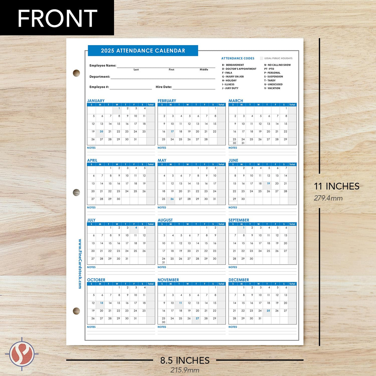 2025 Attendance Calendar Card Stock Paper – Great Employee Work Tracker | Printed on Durable and Thick 80lb (216gsm) Cardstock | 8 ½ X 11 | 25 Sheets per Pack