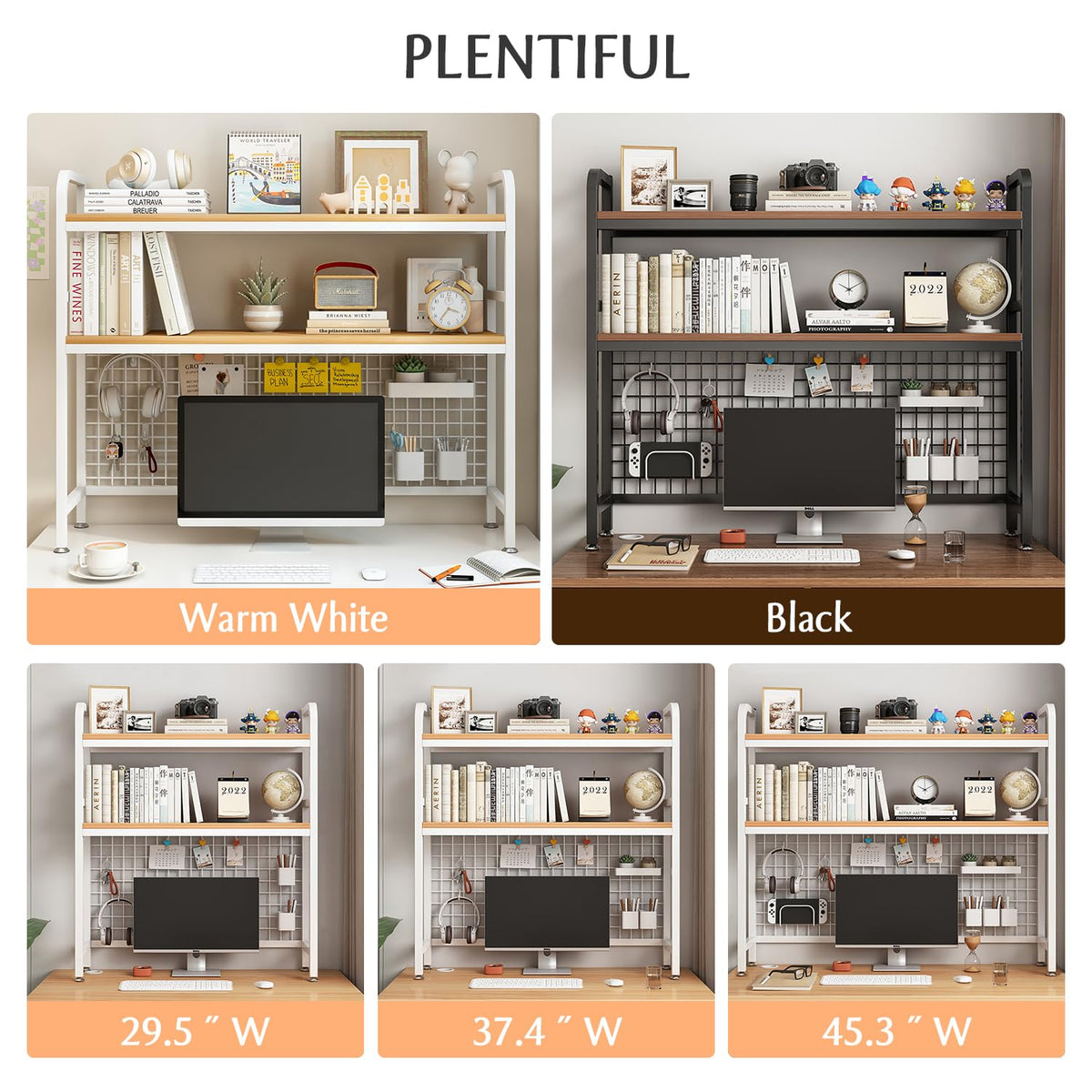 IOTXY 2-Tier Desktop Hutch Bookshelf - Metal Desk Shelf Bookcase with Grid Panel, Countertop Storage Organizer Rack for Dorm or Office, White, 37.4" W