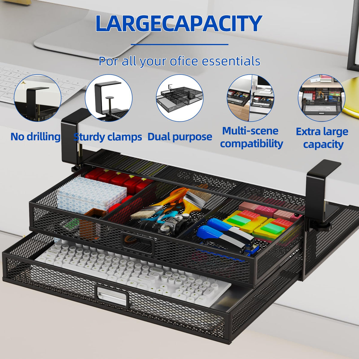 Under Desk Drawer Organizer No Drilling 2 Slide Out Drawer Under Table Storage Drawer Clamp On Under Desk Management Drawer Organizer Suitable for Home and Office