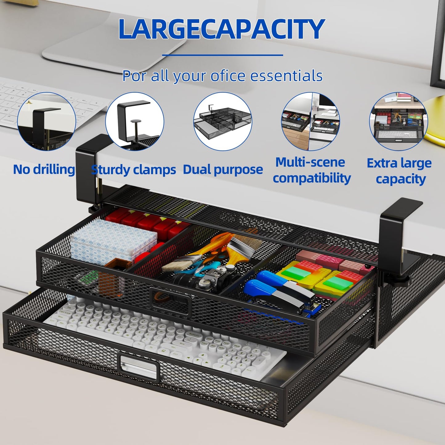 SEYHAKI Under Desk Drawer Organizer No Drilling Under Desk Storage Drawer Organizer Metal Under Desk Slide Out Drawer Suitable for Home and Office(Large)