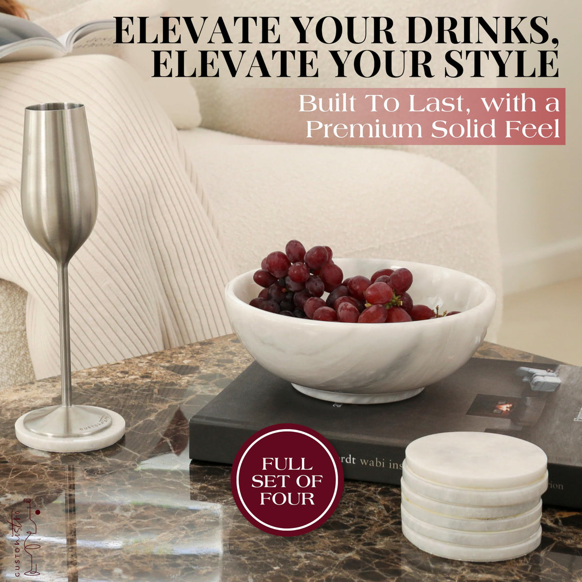 Gusto Nostro White Marble Coasters Set of 4 - Luxury Natural Stone Coasters for Drinks - Genuine Marble Kitchen Accessories, Round Artisanal Stone Coaster for Kitchen Counter, Coffee Table, Home Decor