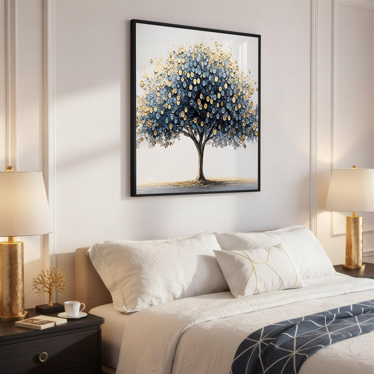 Framed Square Tree of Life Wall Art, Blue Gold Modern Money Tree Painting Prints, Minimalist Elegant Luxury Abstract Tree Artwork for Living Room Bedroom Kitchen Hallway Office Home Decor, 30x30 Inch