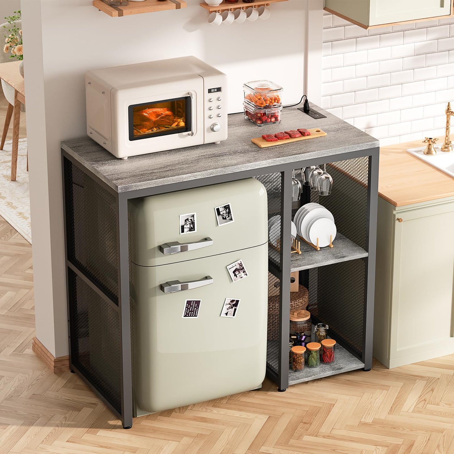 Homieasy Mini Fridge Cabinet with Power Outlet, Coffee Bar Cabinet with Mini Fridge Space, Industrial Liquor Cabinet with Wine Storage & Glass Holder for Dorm, Living Room, Home Kitchen, Light Oak
