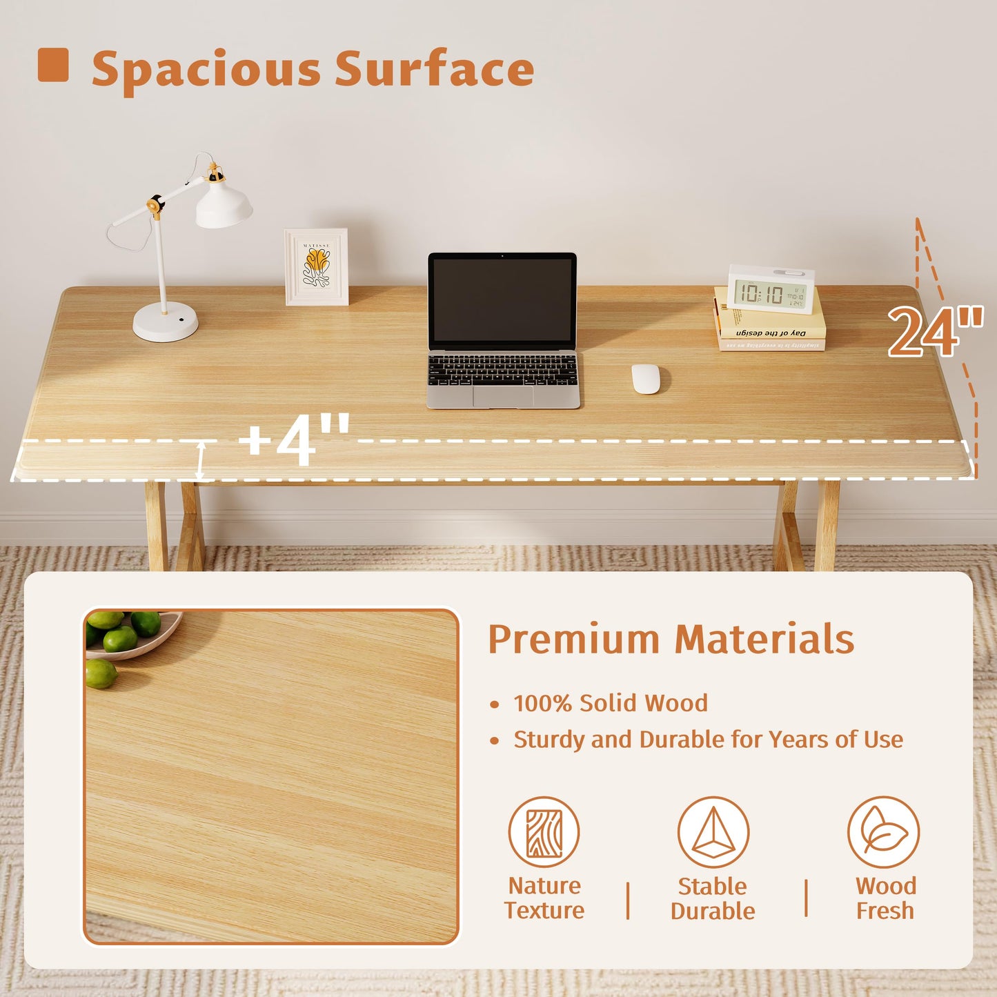 IOTXY Solid Wood Writing Table - 60" W x 24" D Minimalist Computer Desk for Home Office, Work, Study, Creativity, and PC Workstation, Oak