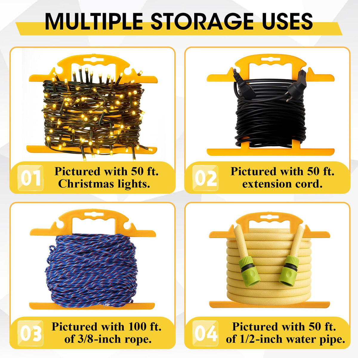 Ripeng 1 Pcs Heavy Duty Extension Cord and Hose Reel with Carrying Handle, Durable ABS H-shape Design Fits 100ft Cord Cable or Water Hose, 50ft Soaker Tube Management (Yellow)