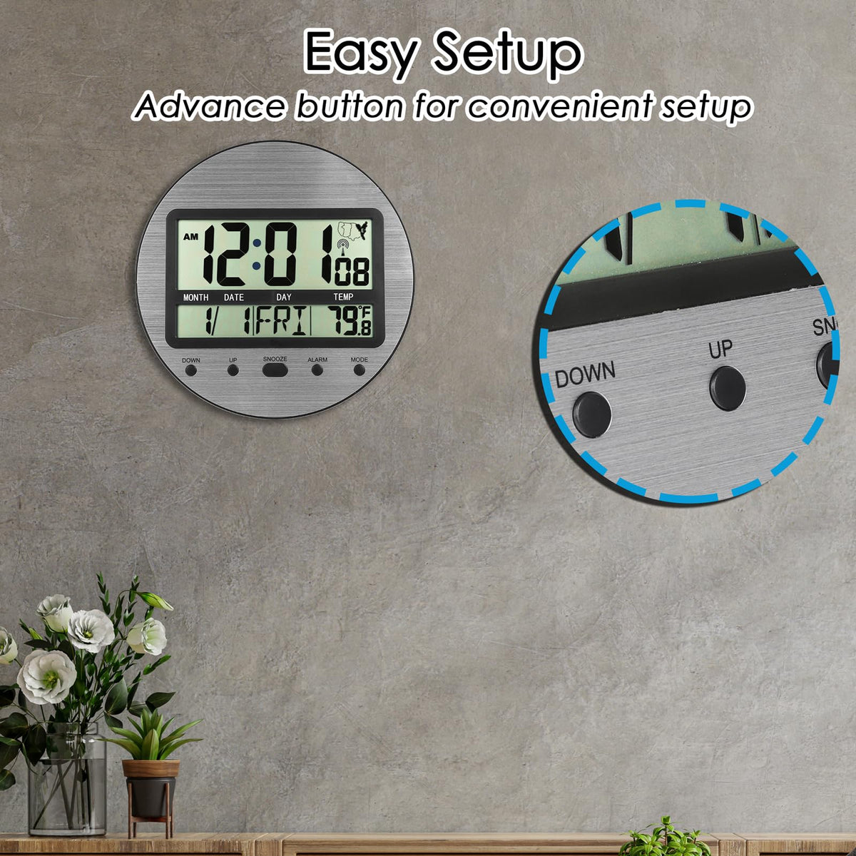 Atomic Digital Wall Clock Battery Operated, Self-Setting, Large Display with Temperature, Date, Day of The Week, Seconds, Round Wall Mount Digital Clock - 4 Time Zones, DST, Aluminum Metal Dial