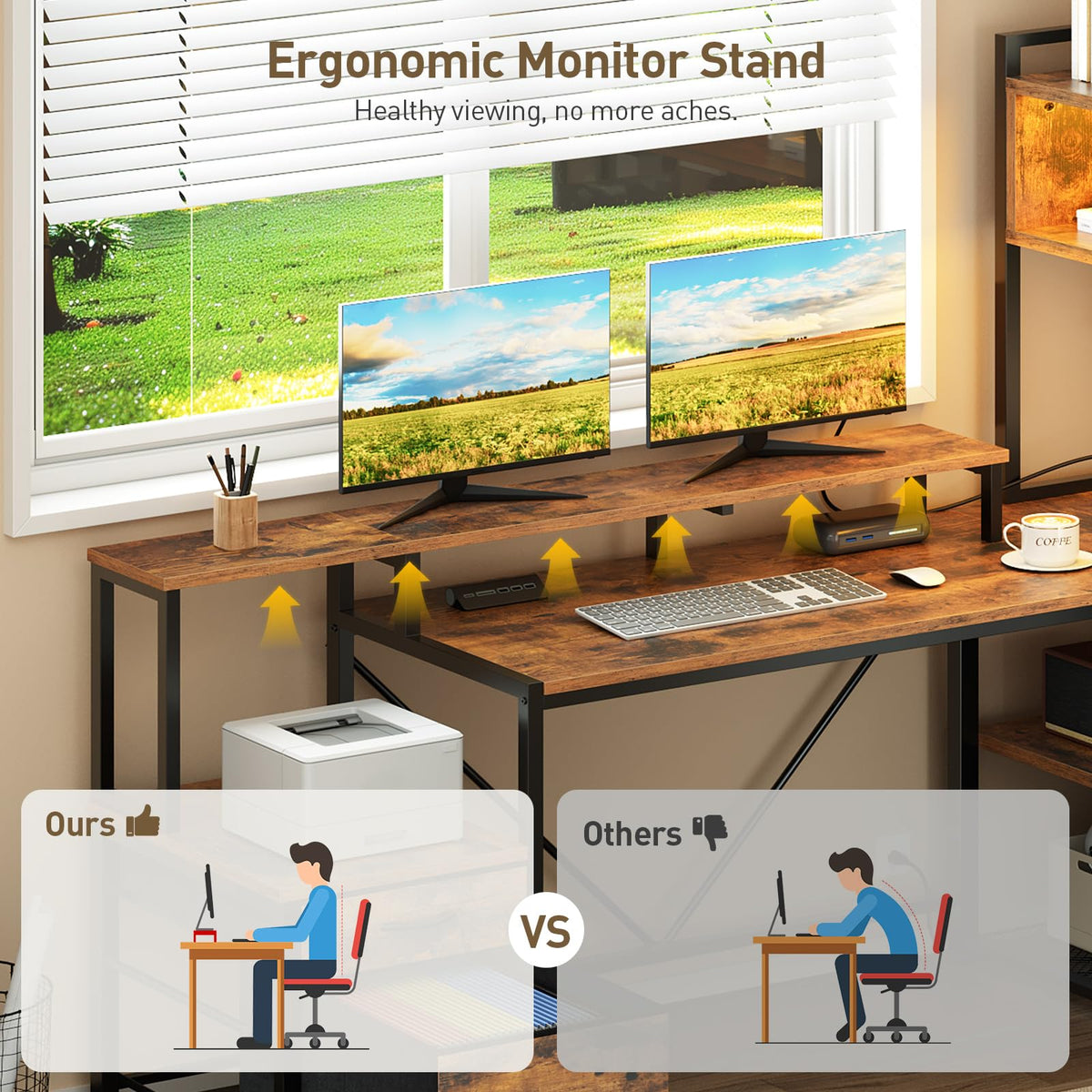 RALGEND 75" L Shaped Gaming Desk with Hutch, L Shaped Desk with Drawers, LED Light, Power Outlets & Pegboard, Corner Desk with Storage Shelves & Monitor Stand for Home Office, Rustic Brown and Black