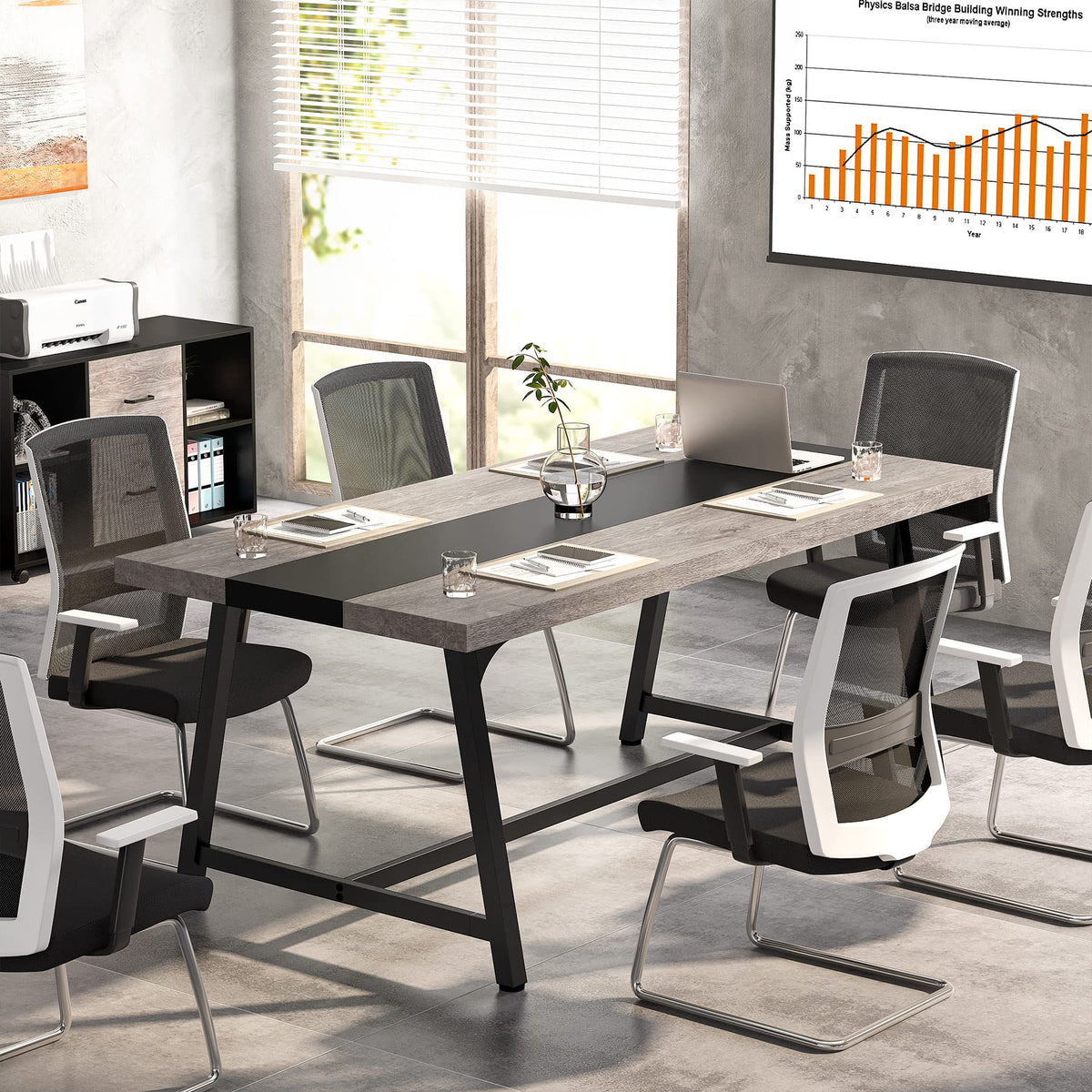 Tribesigns 6FT Rectangle Conference Table, 70.87L x 33.46W x 29.92H Inches Meeting Table for Conference Room, Vintage Wood Office Executive Desk with Strong Metal Frame for 6 People (Grey)