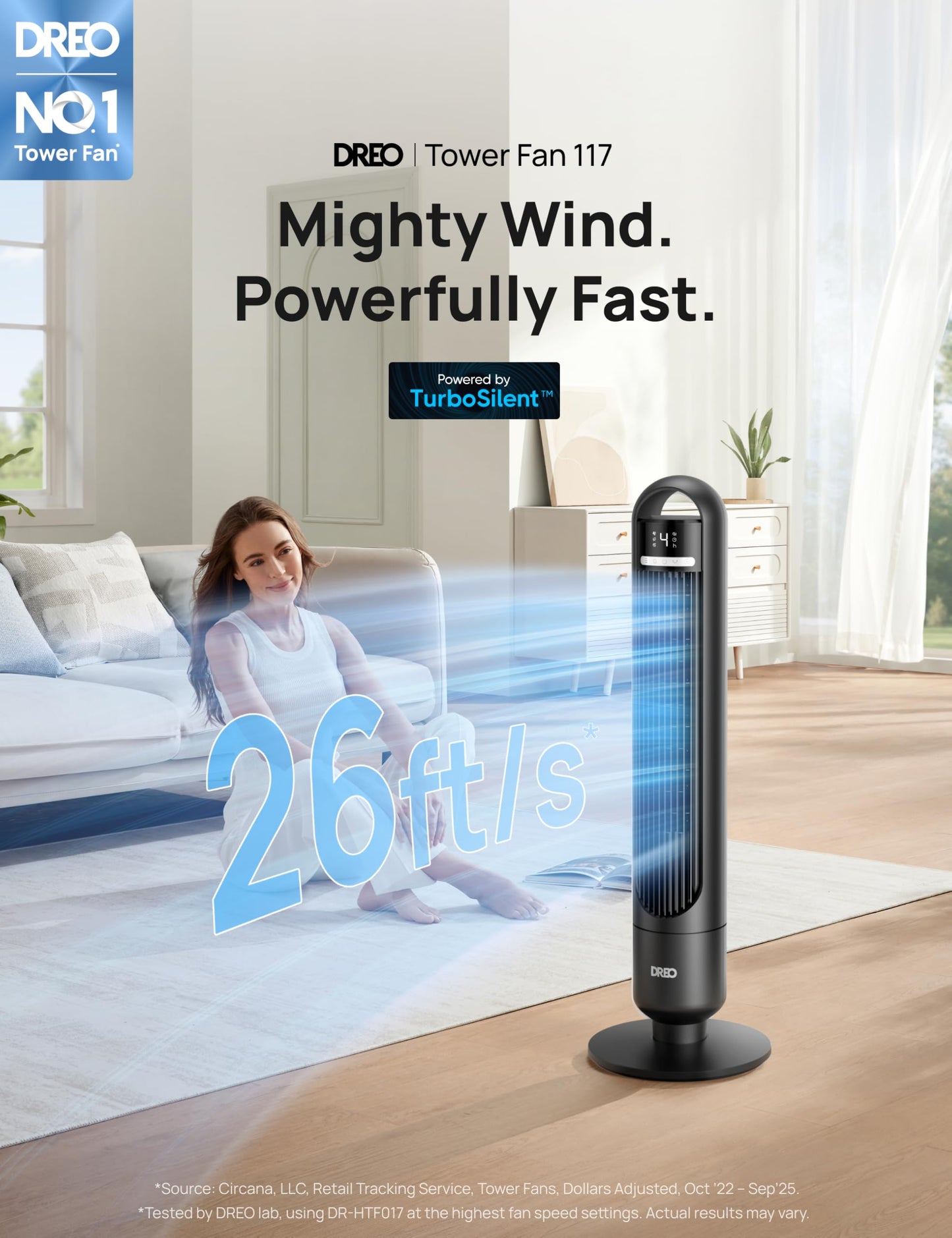 DREO Tower Fan for Bedroom, 90° Oscillating Standing Fans for Room with 4 Speeds, 3 Modes, 28dB Quiet for Sleep, 26ft/s Velocity, 8H Timer, Remote, Living Room, Office, Home, Black
