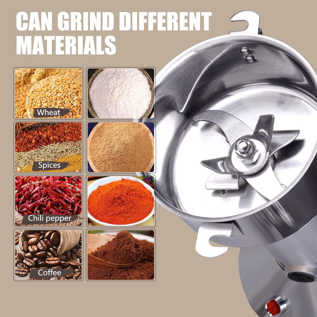 Stainless Steel Grain Mill - Electric 850W High-speed Grinder for Corn, Wheat, Pepper, Coffee Bean