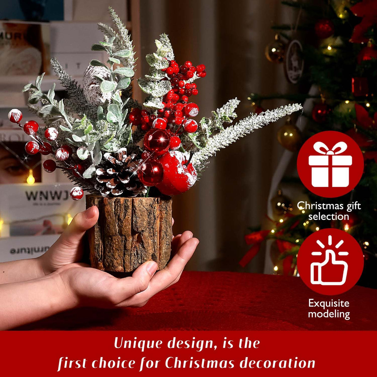 Small Christmas Tree Tabletop Artificial Mini Christmas Tree Decorations with Holiday Ornaments Red Berry Pine Cone Greenery for Home Indoor Fireplace Mantel Xmas Decor (2pcs -Tree Stump-Red)
