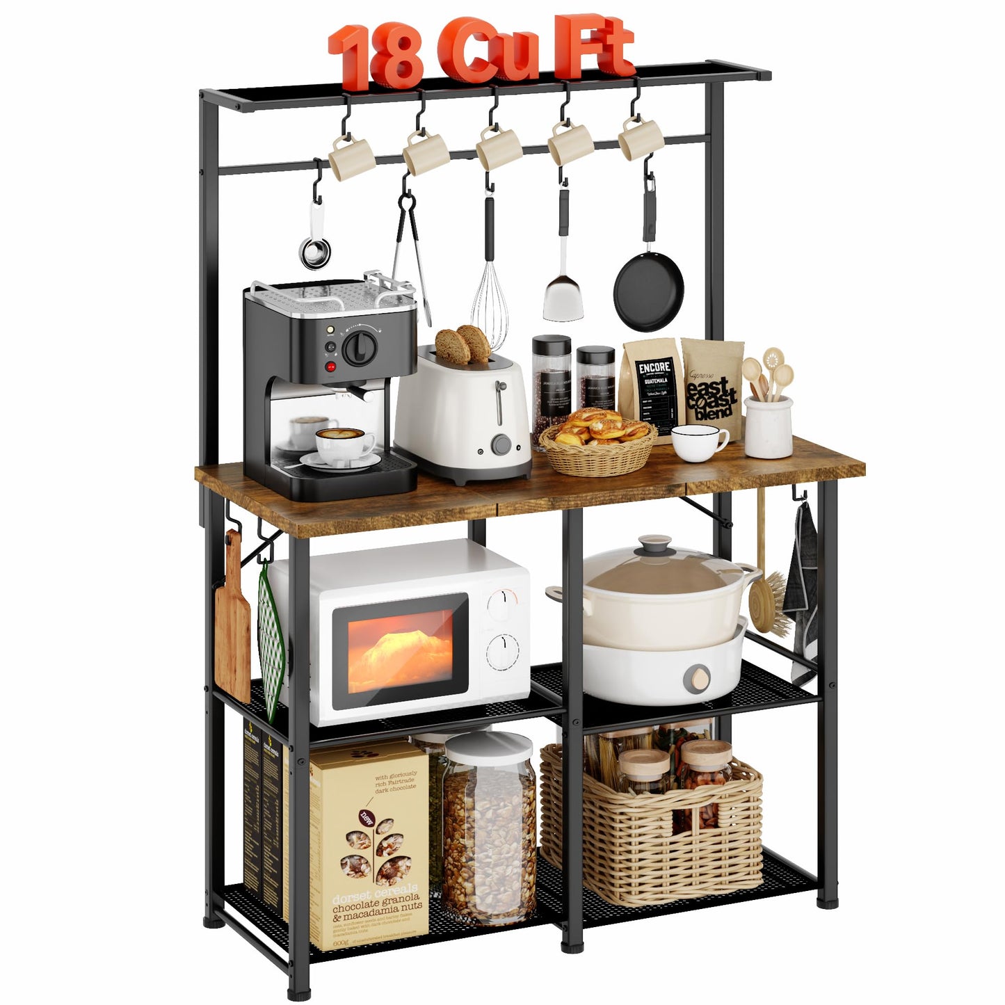 YASONIC Coffee Bar, Bakers Rack with Storage, 34.3 Inches Microwave Stand, 4 Tier Kitchen Shelves Appliance Storage, 14 S Hooks Large Coffee Station for Spices, Pots and Pans, Rustic Brown