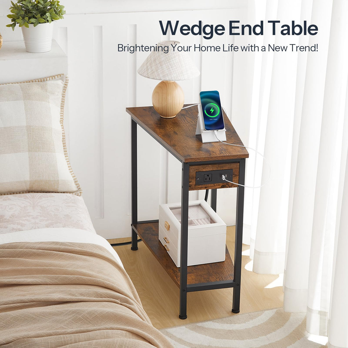 HOOBRO Wedge End Table with Charging Station, Recliner Wedge Side Table with Open Storage Shelves, Industrial Triangle Accent Table for Small Spaces, Corner, Living Room, Rustic Brown BF64UBZ01G1