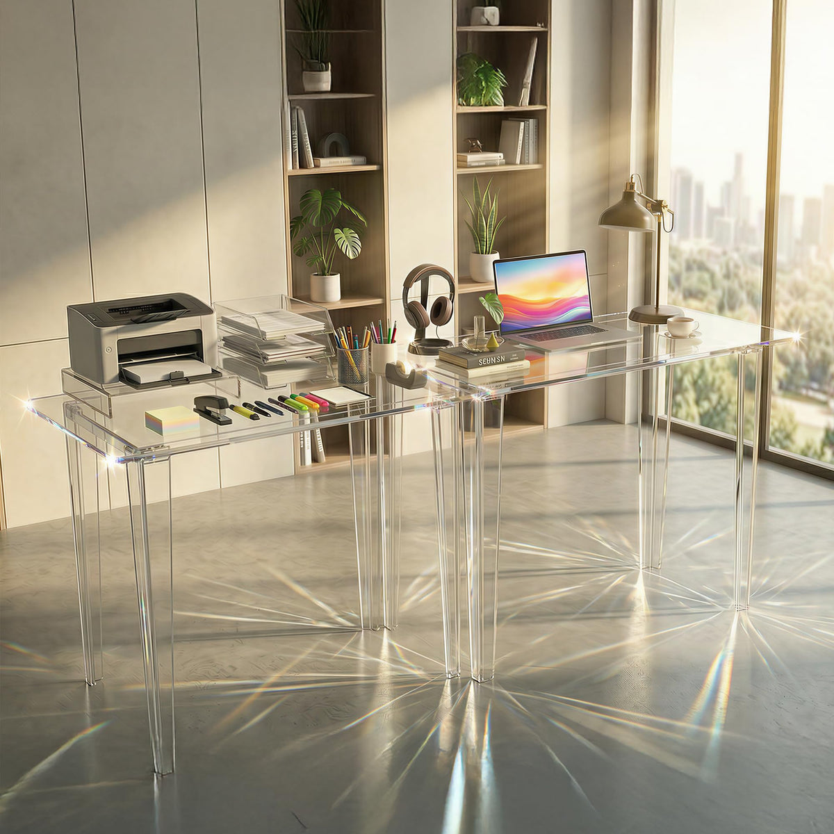 Acryve Acrylic Desk - Clear Acrylic Table, Modern Home Office Study Table, Extended Surface Multi-Purpose Console, Sturdy Lightweight Workstation for Small Spaces (Transparent-L)