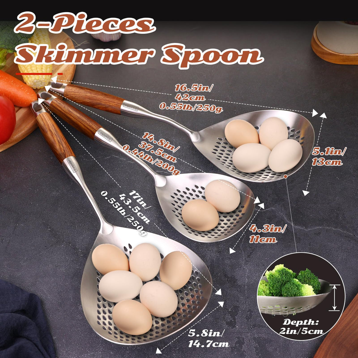MARTE Skimmer Slotted Spoon,304 Stainless Steel Pasta Spider Strainer Ladle for Frying and Cooking,Kitchen Colanders & Food Strainers Set of 2，Slotted Spoon with Heat-Resistant Solid Wood Handle