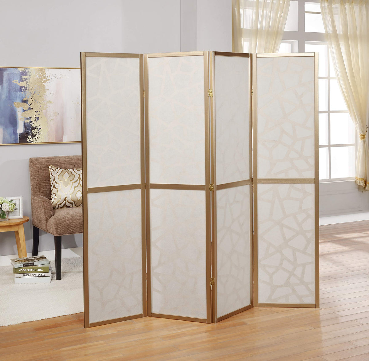 Roundhill Furniture Giyano 4 Panel Screen Room Divider, White Screen with Gold Frame