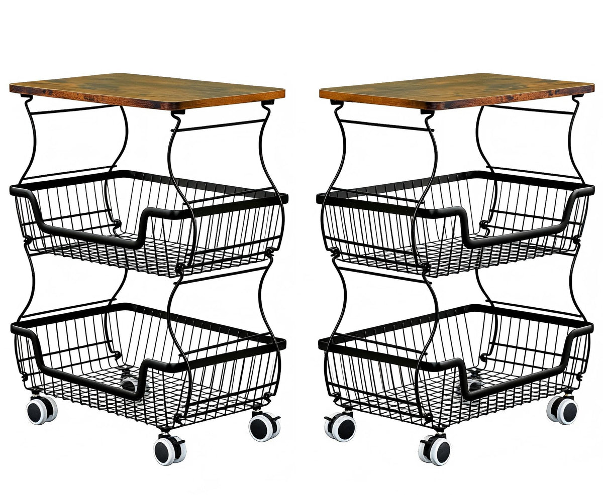 2 Pack Utility Rolling Cart 3-Tier Metal Storage Organizer Cart with Wooden Top Snack Rack Pantry Cart with Wheels for Kitchen, Bathroom, Office, Bedroom, Living Room, Black
