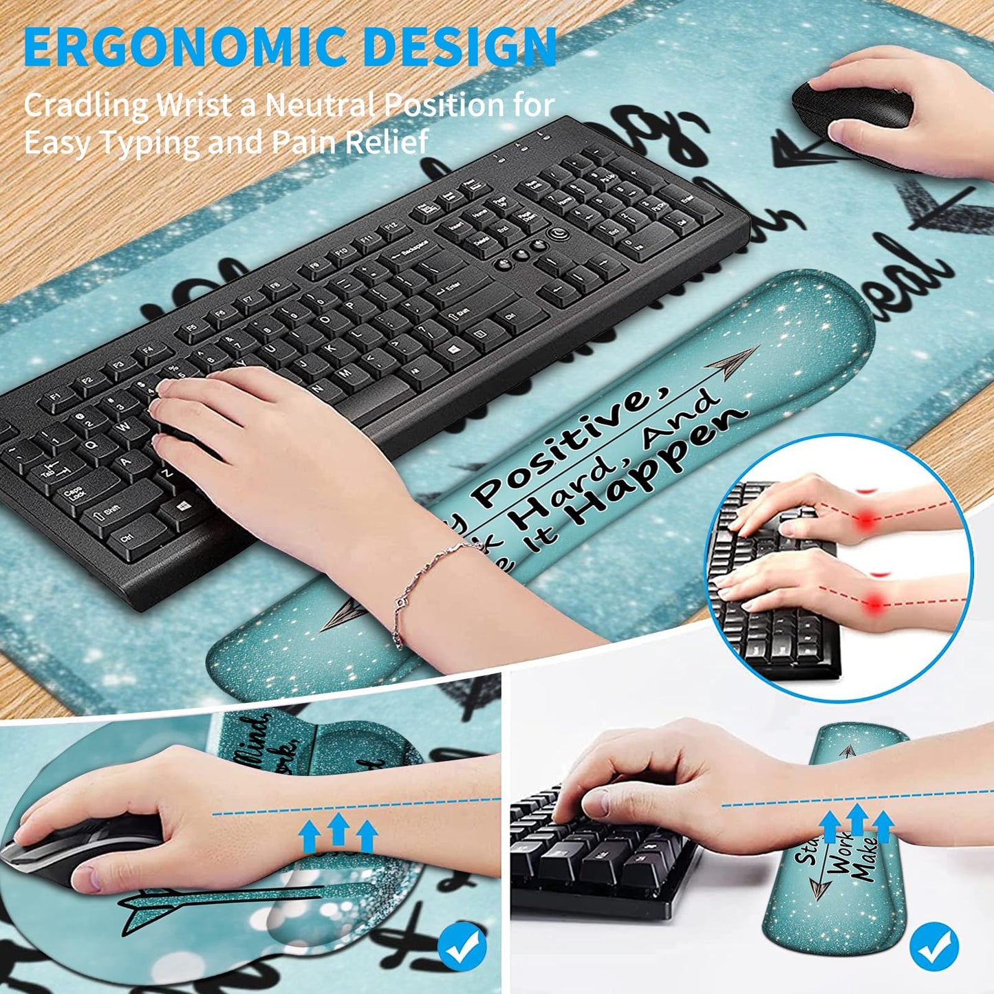 AQQA Desk Mat Desk Pad,5in1 XXL Mousepad + Keyboard Wrist Rest+Mouse Wrist Rest+Coaster Set with Ergonomic Desk Pad for Home Office Desk Accessories Decor Supplies,Stay Positive