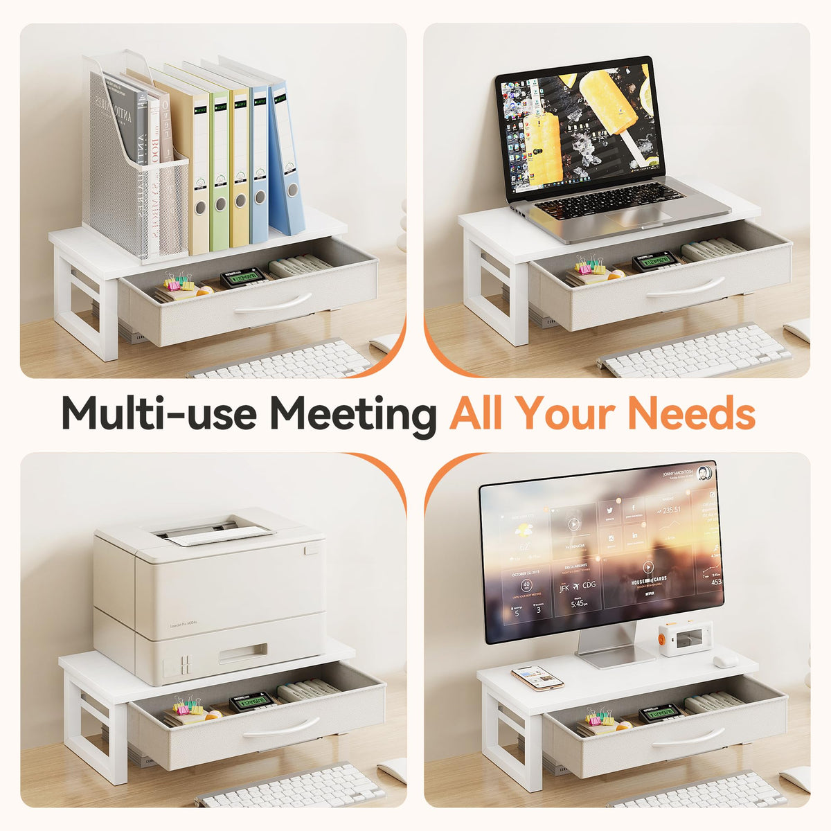 HEWORLIF Desk Organizers and Accessories, Computer Monitor Stand Riser with Drawer, White Laptop Stand for Desk with Storage, Office Organization, Wood