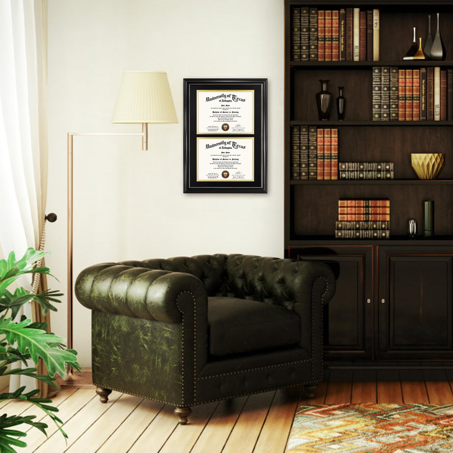 GraduationMall Double 8.5x11 Diploma Frame,Solid Wood & Tempered Glass,Black Finish with Gold Trim,Black & Gold Mat