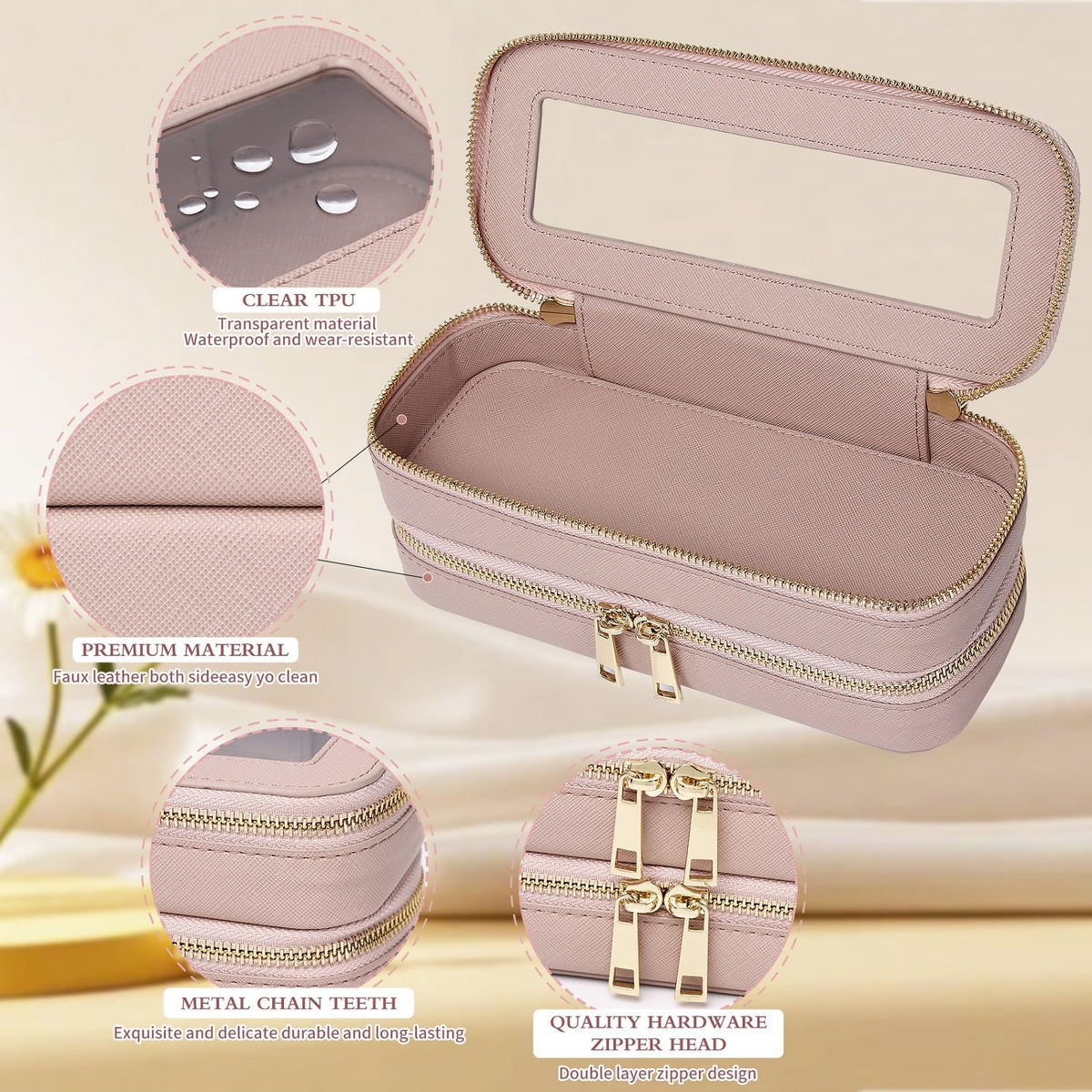 Pinkmik Double Layer Makeup Bag Makeup Brush Case Waterproof Travel Cosmetic & Toiletry Bag Purse Organizer and Car Essentials for Women (Pink, Double SLIM)