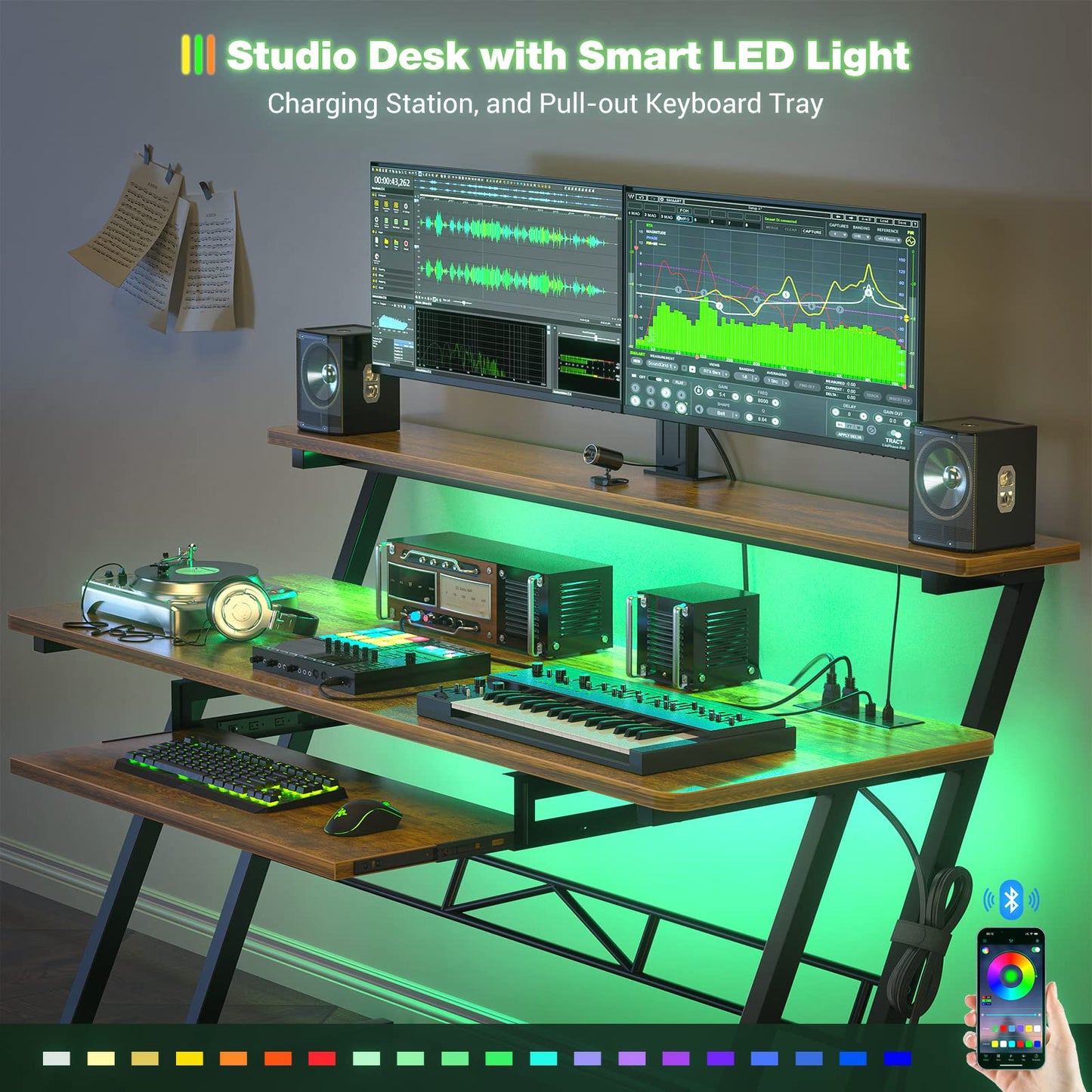Armocity Music Studio Desk, Music Production Workstation with Power Outlets and RGB LED Lights, Recording Studio Table Desks Music Producer for Home, Rustic Brown