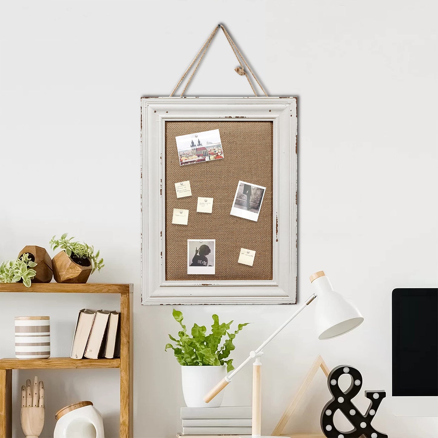 SOFE Cute Linen Small Bulletin Board, 15.7×12 Inches White Decorative Cork Boards for Walls with Frame, Wood Vision Board Farmhouse Pin Board for Home Office School, Rustic Memo Board Display Photo