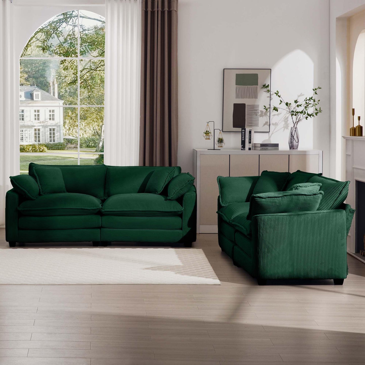 KEIKI 2-Piece Sofa Set with 2 Oversized Corduroy Loveseat Sofa, Upholstered Modern 4-Seater Corner Couch Set with 8 Pillow, High-Density Foam Cushions, Removable Armrests, for Living Room, Green