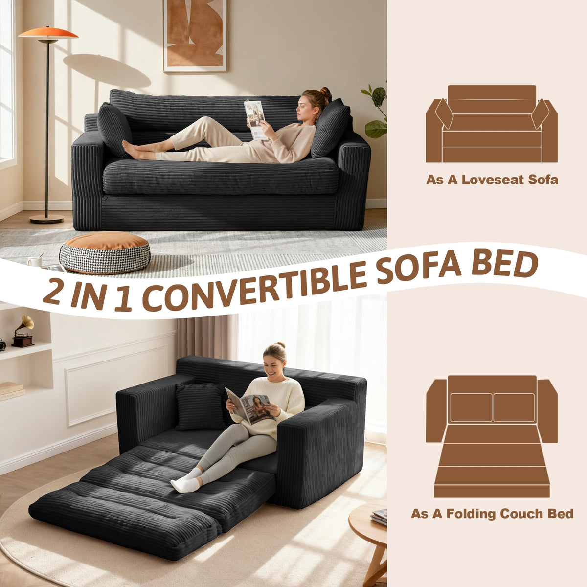 NLDD Convertible Sofa Bed, Pull Out Boneless Couch Loveseat Floor Sofa Bed with Pillows, 2-Seater Folding Sofa Loveseat Boneless Couch for Living Room, Bedroom, Apartment, Office (Black)