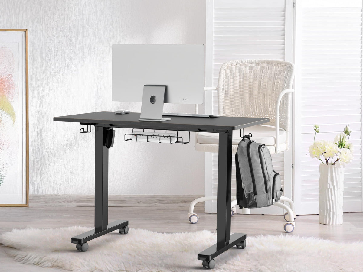 SHW 40-Inch Mobile Electric Height Adjustable Sit to Stand Desk with Drawer, Hanging Hooks and Cable Management, Black