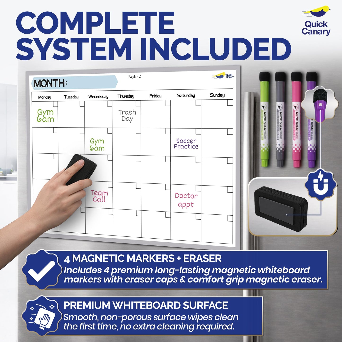 Monthly Magnetic Calendar for Refrigerator - 17x12” Stain-Resistant Dry Erase Fridge Calendar Whiteboard with Large Writing Space for Schedules, Chores & Meals - With 4 Markers & Eraser - Monday Start