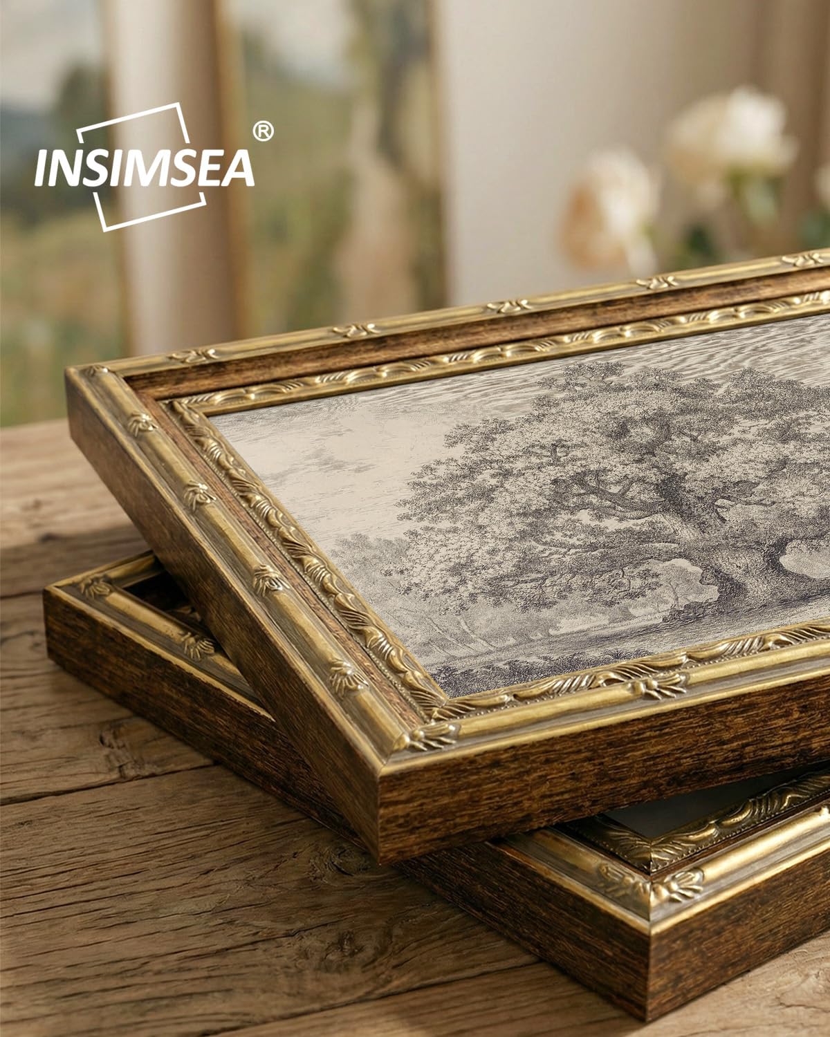 InSimSea 13x16 Gold Framed Vintage Wall Art with Glass, Sketch Oak Tree Landscape Canvas Prints, Rustic Farmhouse Botanical Artwork for Living Room Bedroom Bathroom Office