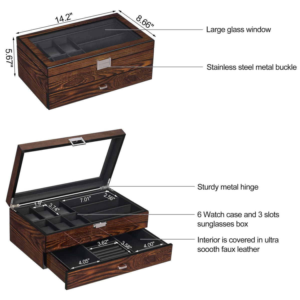 BEWISHOME Men's Wooden Jewelry Box Organizer, 6 Watch and 3 Sunglasses Organizer for Men, Wood Watch Display Case with Glass Lid and PU Leather Interior