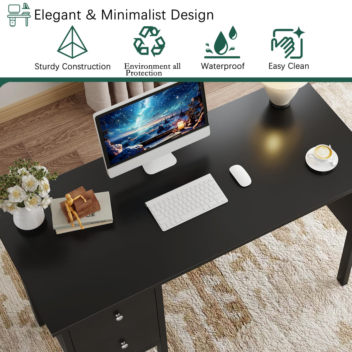 BHG Computer Desk with Drawers,Modern White Home Office Desk with Storage Filing Cabinet, Vanity Desk Makeup Dressing Table for Bedroom,Small Writing Table PC Desks for Study (Black, 43.3")
