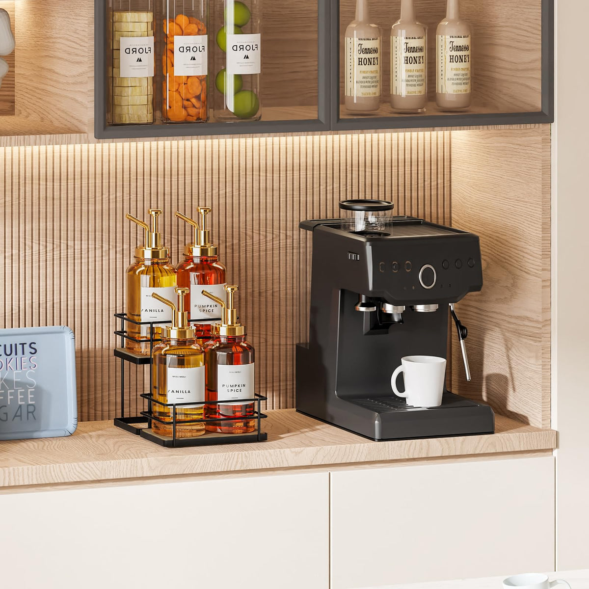 THYGIFTREE Coffee Syrup Rack Organizer 4 Bottle Syrup Holder Stand 2-Tier Storage Shelves for Kitchen Coffee Bar Station