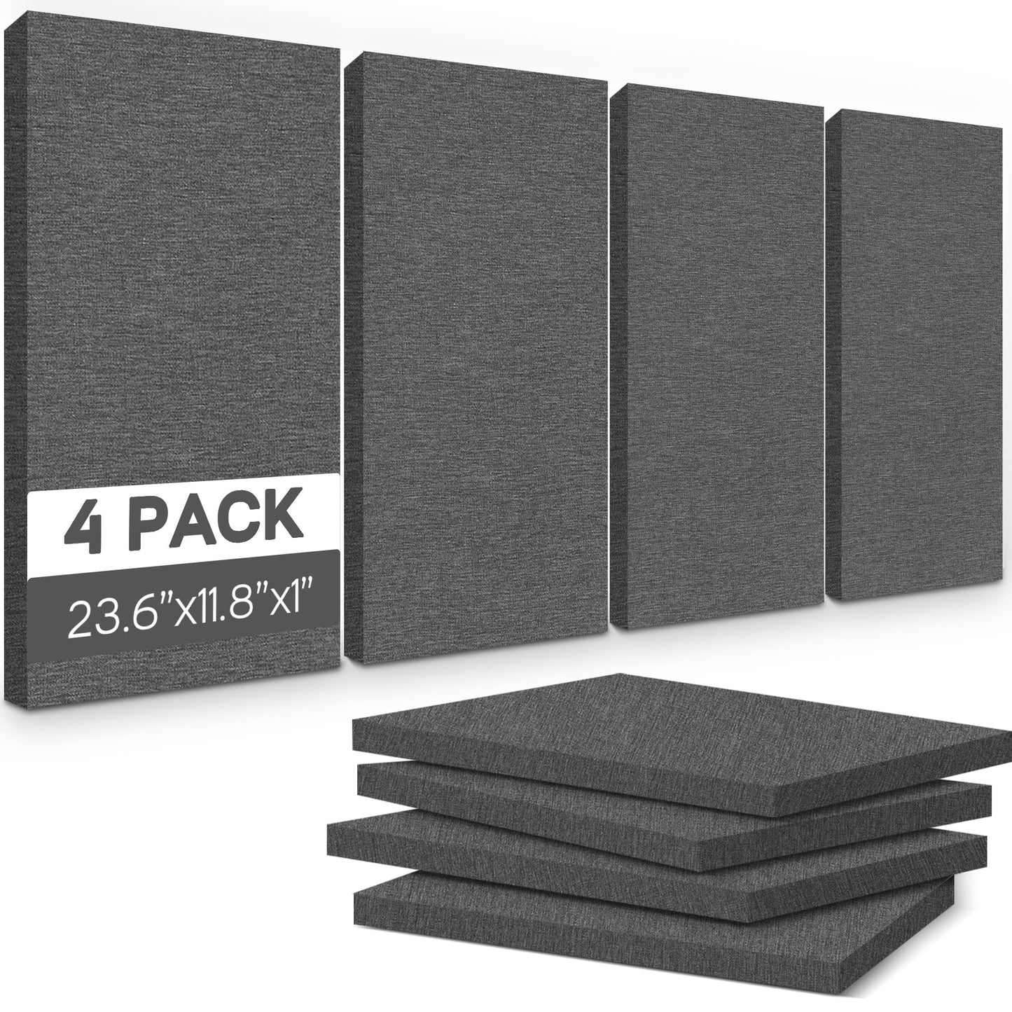 BUBOS 4 PCS Fabric Acoustic Panels, 23.6''x11.8''x1'' Self-Adhesive Soundproofing Panels for Home Studio, Office & Living Room, Sleek Design to Eliminate Echo,Fabric-Clad Grey