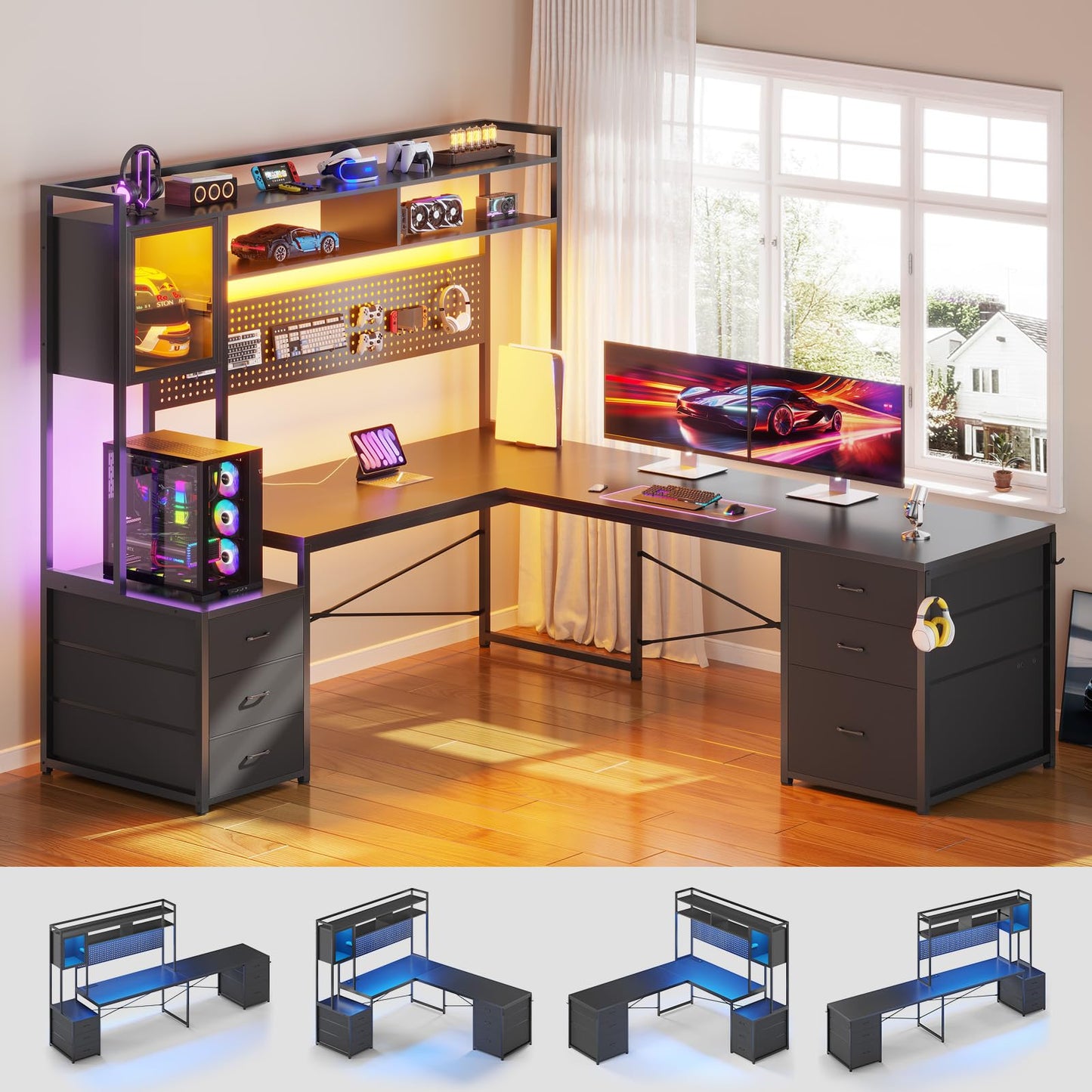SEDETA L Shaped Gaming Desk with Drawers, Reversible Computer Corner Desk with File Drawer, Hutch, Storage Shelves for Home Office, Gaming Two Person Desk with Led Lights, Power Outlet, Black