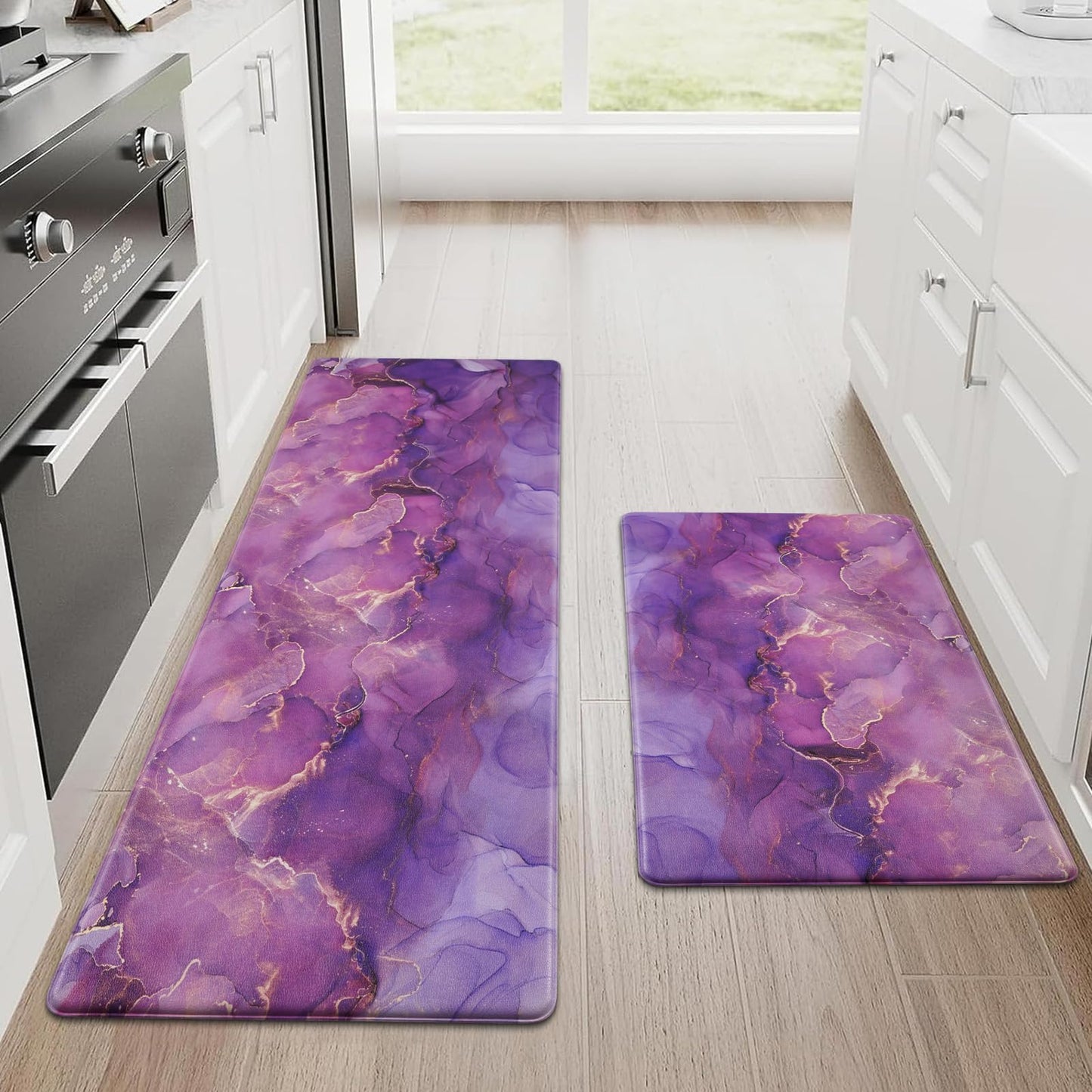 Likiyol Marble Kitchen Rugs Set of 2 Anti Fatigue Mats, Purple Ombre Non Slip Washable Comfort Mats, 18'' x 30'' + 18'' x 48''