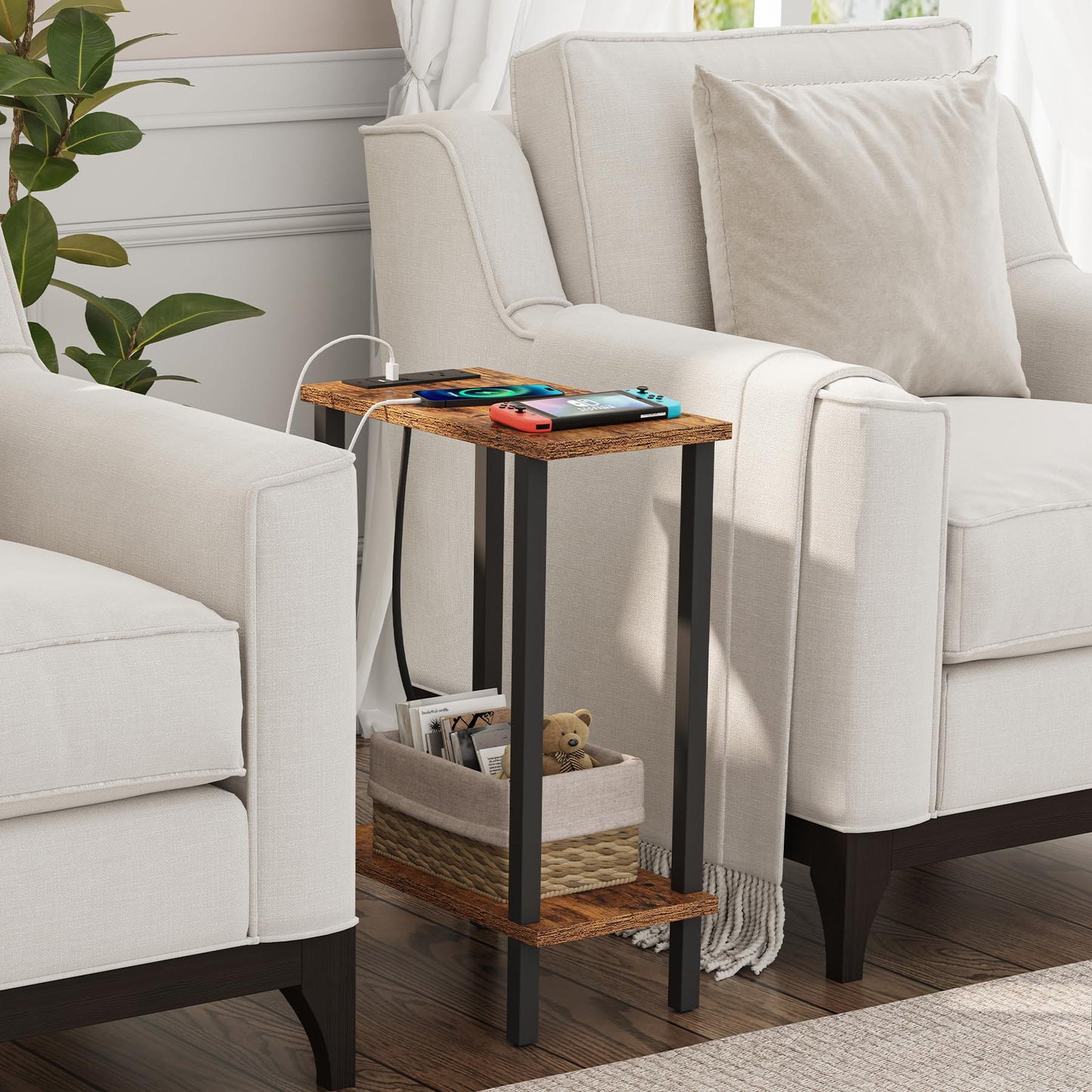 TUTOTAK Small End Table with Charging Station, Narrow Side Table with USB Ports and Outlets, Skinny Sofa Table, Slim Nightstand, Living Room, Bed Room, Brown TB01BB060