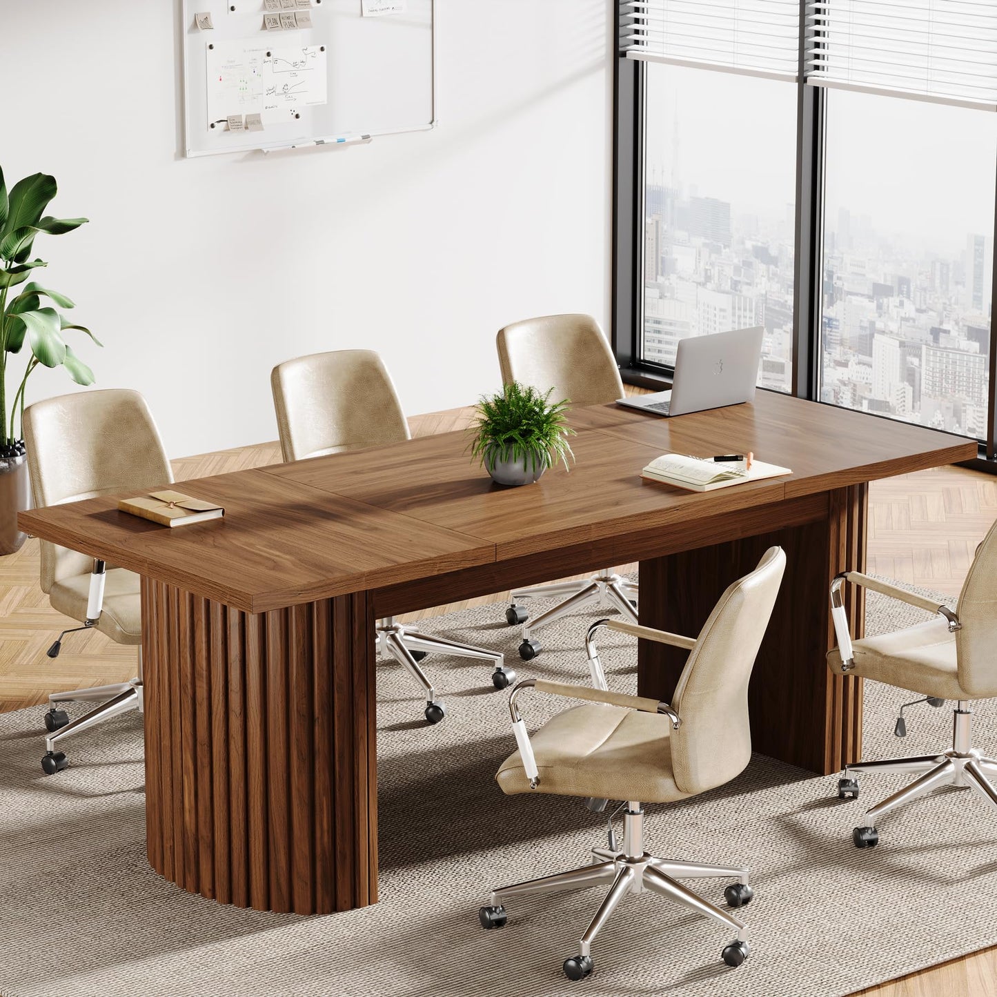 Tribesigns 78.7" Conference Table for 6-8 People, 6.56 ft Large Rectangle Meeting Table with Double Pedestal, Farmhouse Seminar Table Boardroom Desk for Office Meeting Conference Room, Walnut