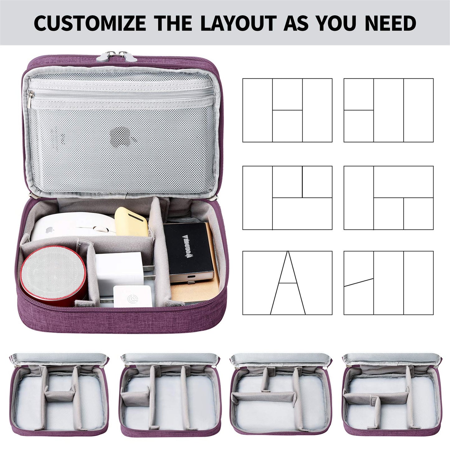 mygreen Electronics Travel Organizer Storage Bag, Double Layer Universal Traveling Gear Accessories Carrying Cover Pouch for iPad Mini Cables Phone Chargers Adapter Flash Hard Drive and More Purple