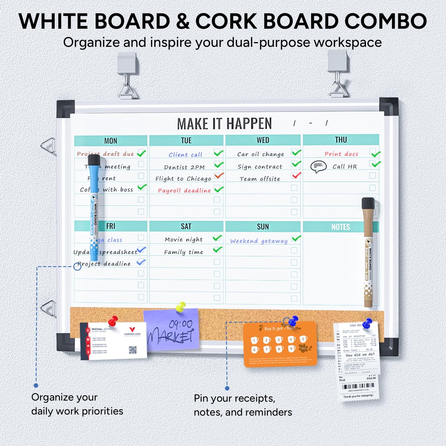 Marsrock Weekly Dry Erase Board and Cork Board Combo for Wall, 17"x13" Reversible Hanging Dry Erase Board, Double Sided White Board with Aluminum Frame for Planning, Office, Kitchen, School, Home