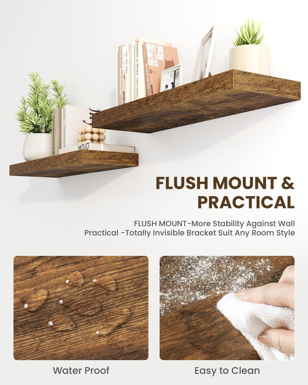 Marsmiles 30" Floating Shelves for Wall, Wooden Shelves with Invisible Brackets Set of 2, Rustic Farmhouse Wall Mounted Shelf for Kitchen Bathroom Living Room Study, Rustic Brown