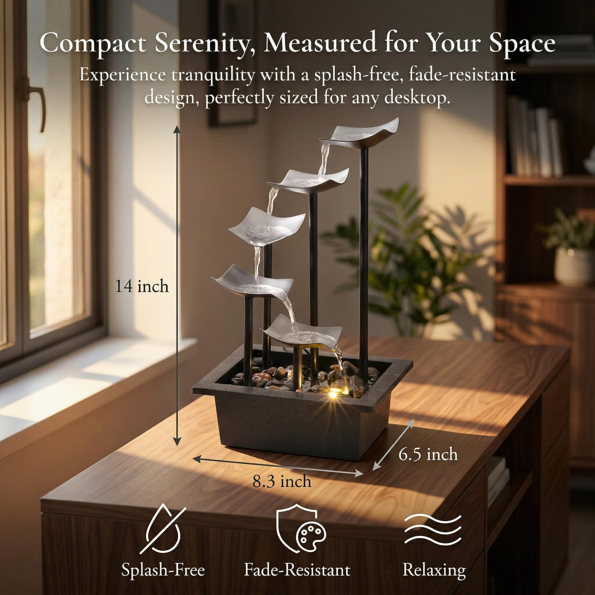 Zeitklang 14" Indoor Tabletop Fountain, 5-Tier Modern Waterfall with LED Light and Natural River Rocks, Home Bedroom and Office Relaxation Decor, Zen Desktop Water Feature for Home & Office Gift