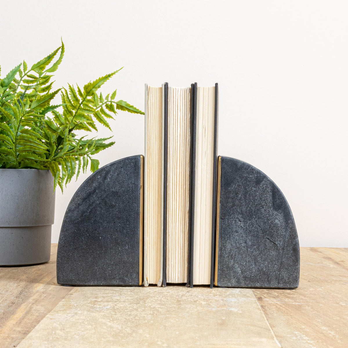 Boho Arched Semicircle Marble Bookends with Brass Detail, Set of 2, Black