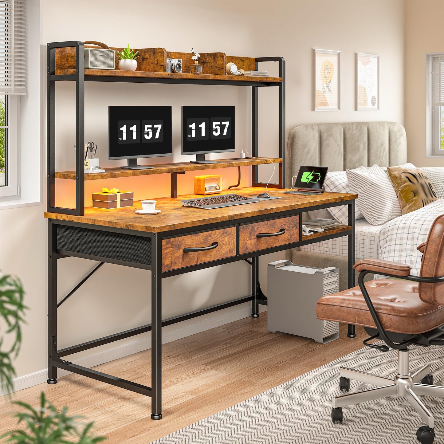 39.4"Office Desk with 2Drawers&Hutch,Computer Desk with Storage Rack&Monitor Stand,Gaming desk with LED&Power Outlet,Modern Study Writing Desk for Bedroom Home Office,Small Space,Rustic Brown