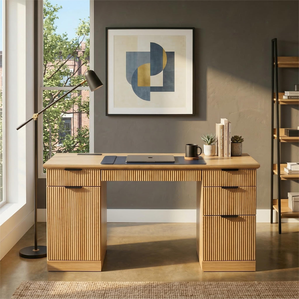 FURSUN 58" Executive Desk with Charging Station & File Drawer, Modern Fluted Home Office Desk with 5 Drawers & Keyboard Tray, Large Computer Writing Desk, Natural Oak