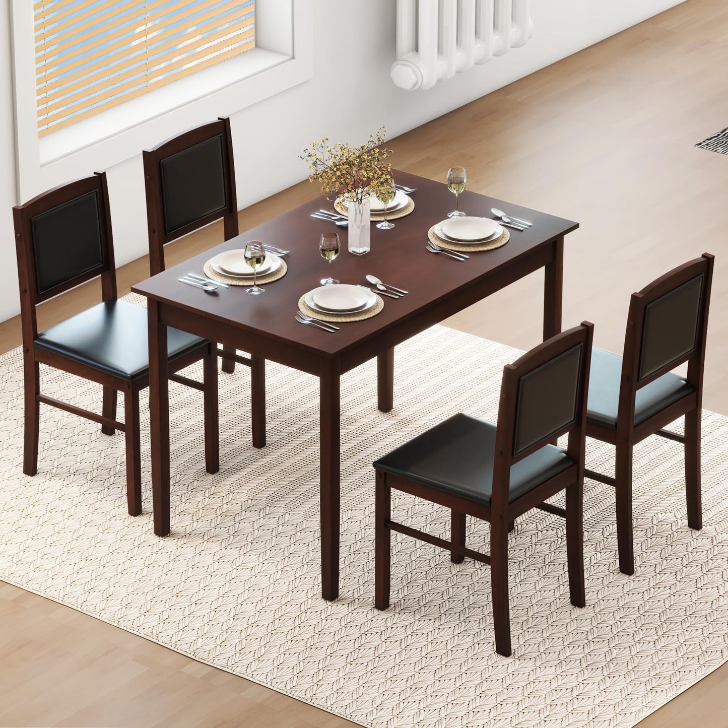 NAFORT 5 Piece Dining Table Set for 4, Farmhouse Solid Wood Kitchen Table Chairs Set of 4, Mid-Century Modern Dinette Set w/Upholstered Dining Chairs, 4 Seat Dining Room Table for Kitchen,Office