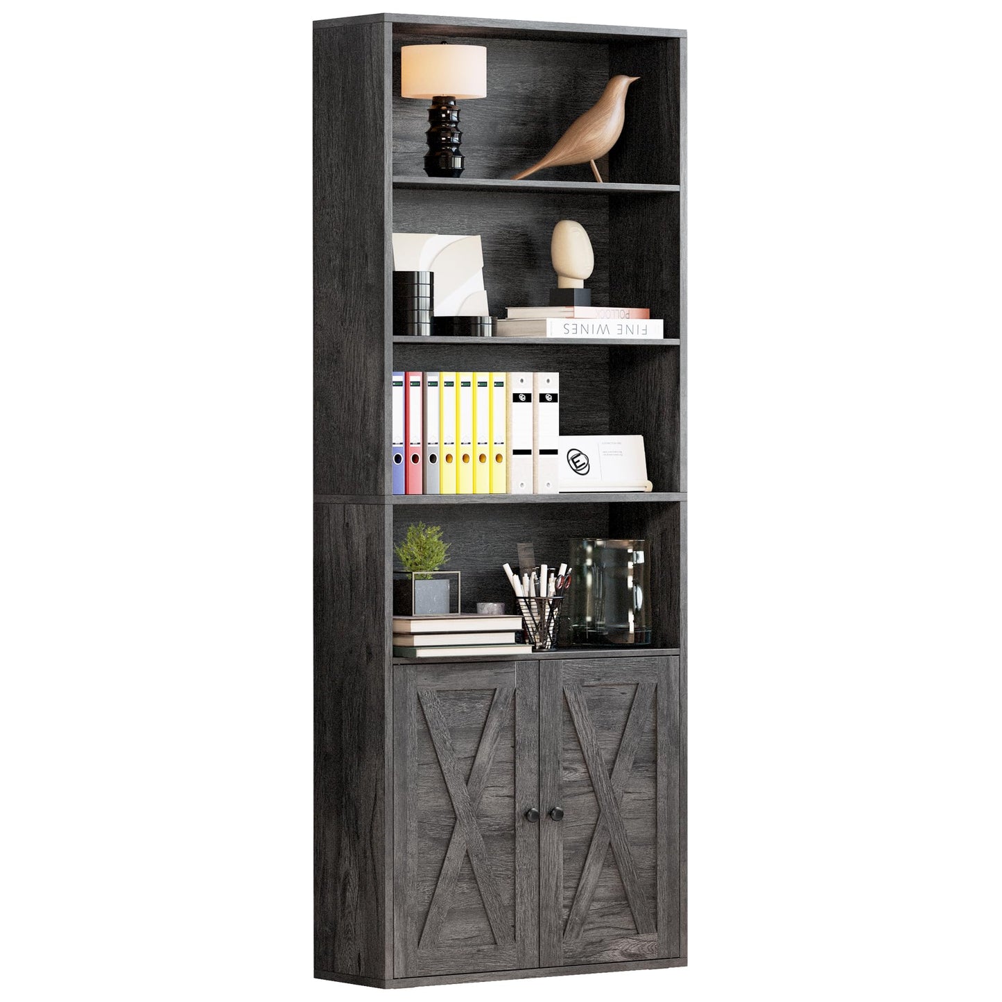 IRONCK Industrial Bookshelves and Bookcases with Doors Floor Standing 6 Shelf Display Storage Shelves 70 in Tall Bookcase for Home Office, Living Room